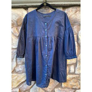 Gudrun Sjoden Tunic Top Organic Cotton Navy Medium Pockets Embroidered Button Up